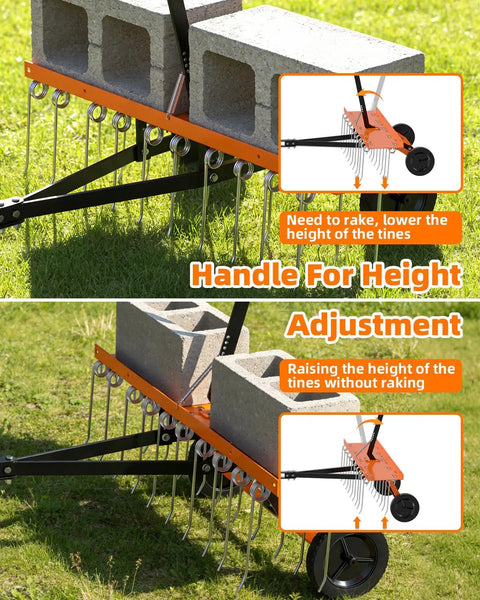 48 Inch Tow Behind Dethatcher For Lawns with adjustable tines, cinder blocks for weight, and rugged tow tires for height adjustment