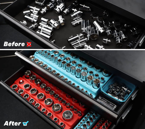 Before and after using Magnetic Socket Holder Set 4-Piece Drive Organizer for 1/4 and 3/8 Inch SAE and Metric Sockets, neatly arranged.