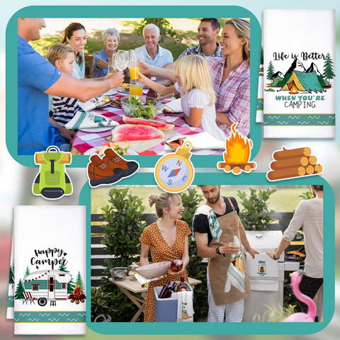 Set of 6 Camping Kitchen Towels, 24 x 16 inches, RV camper theme on picnic and camping scenes with funny sayings.