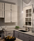 Kitchen featuring Winslow 7.5 Inch Mini Kitchen Pendant Light With Clear Seeded Glass In Brushed Nickel 1 Light over island