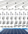 Solar Panel Mounting Rail Kit For 5x320W Arrays With 8 Aluminum Rails, clamps, and L brackets, shown with solar panels.