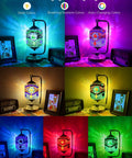 Turkish Mosaic Table Lamp With 7 Color LED, 360 Rotating Moroccan Glass Light showcasing different color modes on a nightstand.