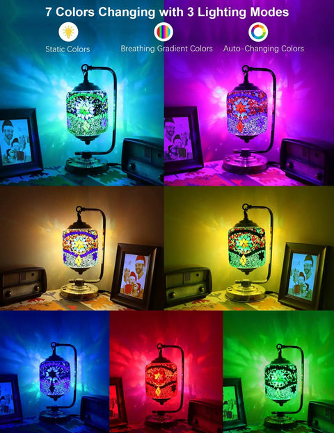 Turkish Mosaic Table Lamp With 7 Color LED, 360 Rotating Moroccan Glass Light showcasing different color modes on a nightstand.
