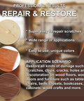 Your Solid Wood Furniture Repair Kit Packed With Twelve Rich Colors Of Tough Touch Up Filler To Easily Hide Scratches And Dings For Quick Laminate And Hardwood Fixes In Zero Time No Sweat showing application scenario and results.