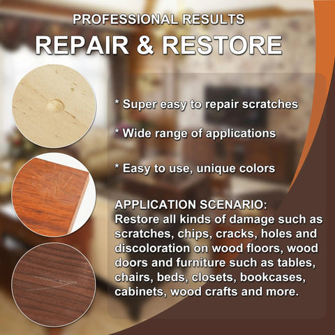 Your Solid Wood Furniture Repair Kit Packed With Twelve Rich Colors Of Tough Touch Up Filler To Easily Hide Scratches And Dings For Quick Laminate And Hardwood Fixes In Zero Time No Sweat showing application scenario and results.