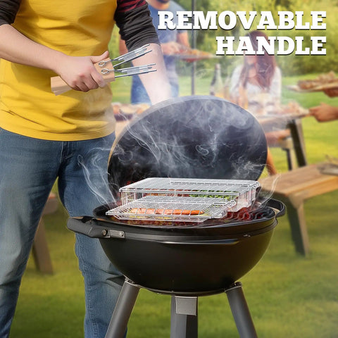 Person grilling with Fish Grill Basket Set With Removable Wooden Handle And 304 Stainless Steel Construction, smoke rising.