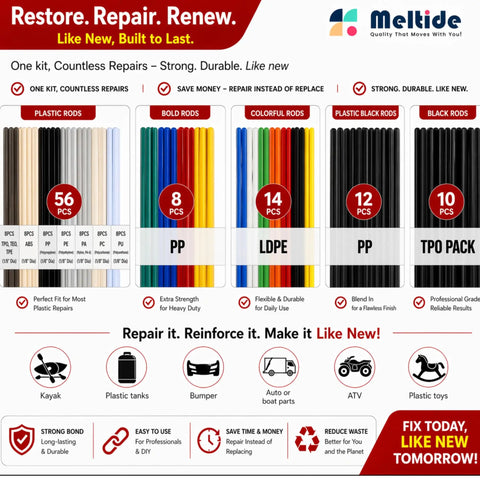 Meltide plastic welding rods variety, including PP, LDPE, TPO pack for Powerful 220W Plastic Welder Kit For Car Bumper Repair