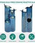 Totally Dope 32 Inch Tall Ceramic Outdoor Water Fountain With Led 4 Tier Tropical Cascading Waterfall Turquoise Glaze Embossed Fern Pattern Bird Attracting Garden Yard Patio Decor