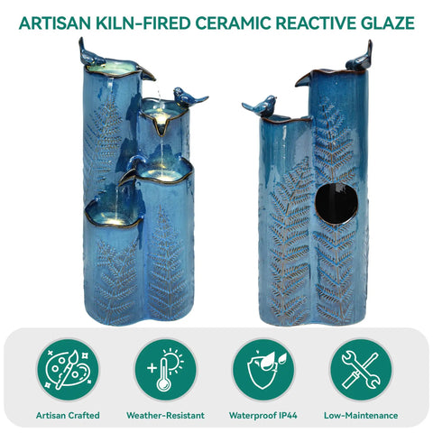 Totally Dope 32 Inch Tall Ceramic Outdoor Water Fountain With Led 4 Tier Tropical Cascading Waterfall Turquoise Glaze Embossed Fern Pattern Bird Attracting Garden Yard Patio Decor