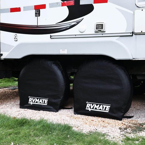 Four Pack RV Tire Covers Fits 27 To 29 Inch Tires Waterproof UV Resistant Black Wheel Covers For RVs Trailers Trucks And Cars Heavy Duty Weatherproof All Weather Protection installed on RV.