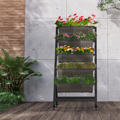 Front view of Five Tier Vertical Garden Planter With Water Drainage, Elevated Raised Garden Bed For Vegetables, Flowers, And Herbs.