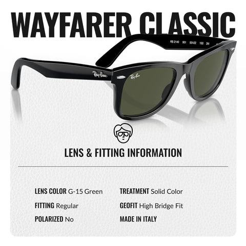 Wayfarer Classic Sunglasses Bundle With Eyewear Kit High Bridge Fit shown with green G-15 lenses, black frame