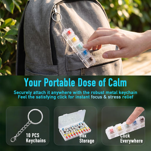 50 Pcs Mechanical Keyboard Switches Tester Pack With 10 Keychains Including 10 Of Each Style Blue Clicky And Quiet Linear Variants For Custom Builds Tactile Feedback And A Handy DIY 3D Print Companion. Metal keychain switch tester on gray backpack, clear case with colored switches