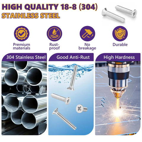 Seventy Count Six Three Two Machine Screws Four Mixed Sizes Premium 304 Stainless Steel Outlet Hardware shown with durable materials.