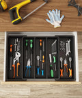Expandable Kitchen Utensil Organizer for Drawers, Adjustable Cutlery Tray and Spatula Holder shown in a drawer with tools