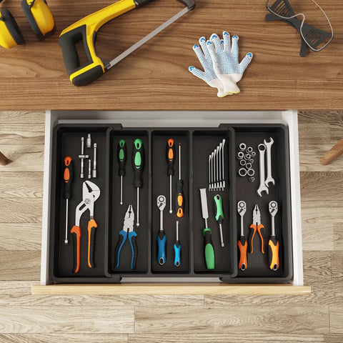 Expandable Kitchen Utensil Organizer for Drawers, Adjustable Cutlery Tray and Spatula Holder shown in a drawer with tools