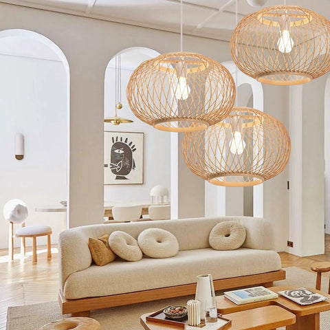 Room with Round Bamboo Weave Pendant Light For Kitchen Island And Living Room, Coastal Boho Wicker Chandelier