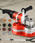 Heavy Duty 3-Head Concrete Grinder 2800W Pro Grade Electric Floor And Wall Polisher With Diamond Grinding Wheel For Concrete And Masonry Surfaces, Rod Attachment For Easy Reach And Fast, Smooth Grinding shown with accessories
