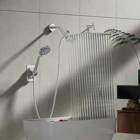 12 Inch High Pressure Rainfall Shower Head Handheld Combo with 15 Inch Brass Extension Arm and 60 Inch Stainless Steel Hose in bathroom