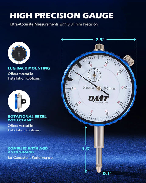 Orion Motor Tech dial gauge with blue bezel and white 0.01 mm dial; 7-in locking pliers and 360° flexible stem holder