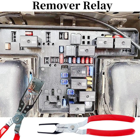 Four Piece Relay And Fuse Puller Set For Tight Spaces shown removing relay from fuse box
