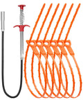 25 Inch Drain Clog Remover 7 Pack featuring 6 bendable orange plastic hair snakes and 1 stainless steel grabber stick.