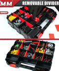 Double Sided Tool Box Organizer with 34 compartments, 24 removable dividers in red/black for hardware storage shown with screws and nails