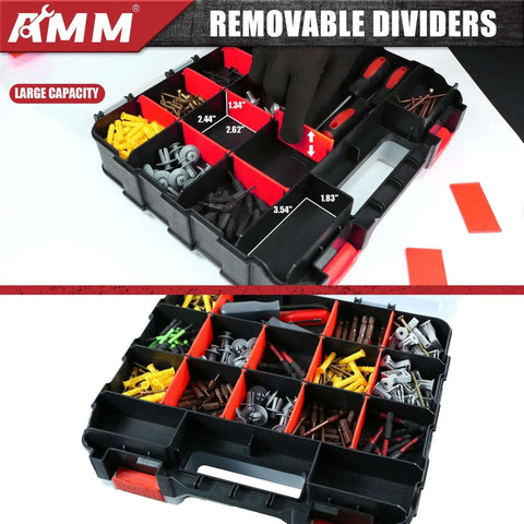 Double Sided Tool Box Organizer with 34 compartments, 24 removable dividers in red/black for hardware storage shown with screws and nails