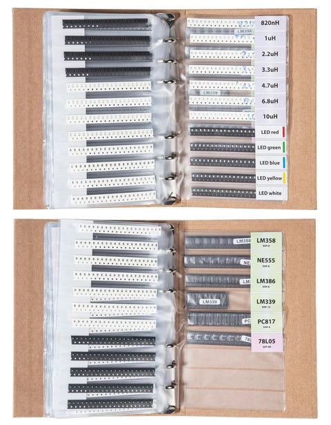 Open SMT book showing SMD 0805 components assortment kit with 5435 pieces including resistors, capacitors, transistors, and ICs.