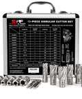 13-piece annular cutter set for magnetic drill press in a metal carrying case with pilot pins and hex wrench
