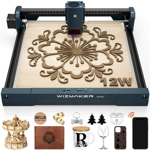 12W Laser Engraver With 300x300mm Work Area displaying intricate wood carving, ideal for DIY projects and small business startups.