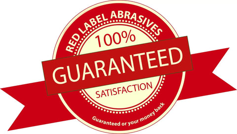 Red Label Abrasives 100% satisfaction guaranteed badge with red and cream colors