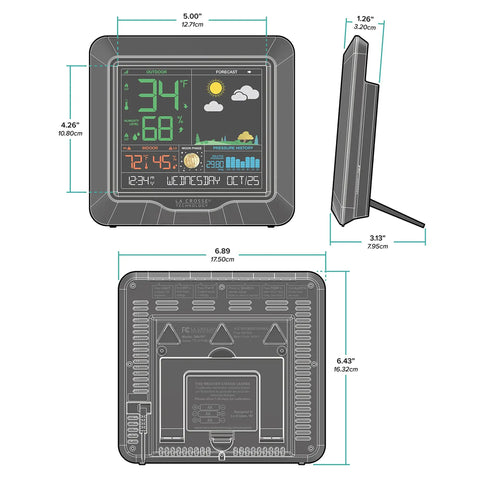 Color Forecast Station With Big Display And Temperature Humidity Alerts, Seasonal Scene Backgrounds front, side, and back view