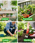 Collage of indoor plants, farmland vegetables, a person gardening on a lawn, and planting flowers in a garden.