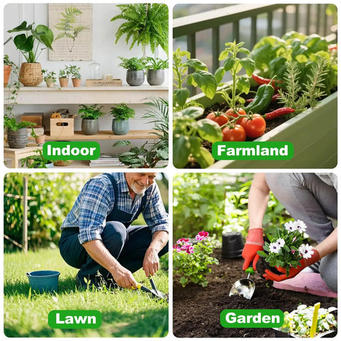 Collage of indoor plants, farmland vegetables, a person gardening on a lawn, and planting flowers in a garden.