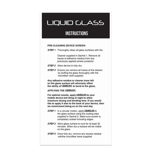 Liquid Glass Screen Protector instructions for applying nano coating to phones, tablets, and smart watches for scratch resistance.