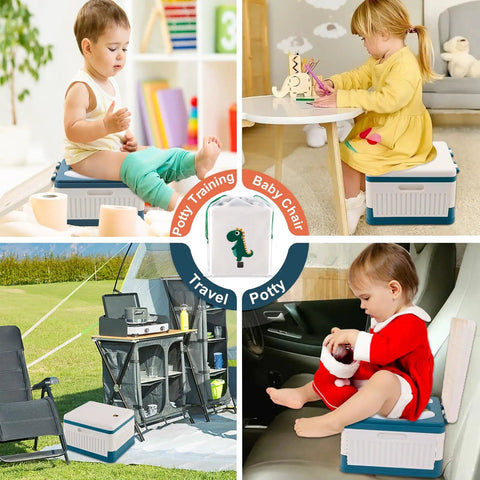 Foldable Portable Toddler Potty For Travel And Potty Training, Rock Solid Fold Away Seat With Comfy Non Slip Cushion, Road Trip Ready Emergency Mobile Commode For Kids Including Thirty Disposable Blue Bags