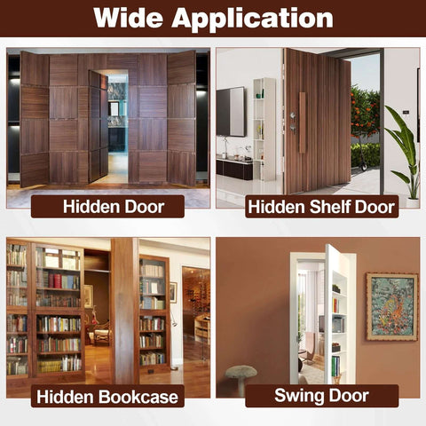 Hidden Door Hinge collage; four concealed-door concepts in solid stainless steel by Amazon.