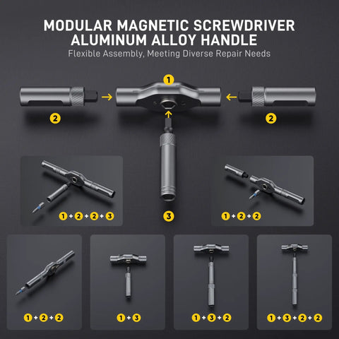Modular assembly of 42 In 1 Magnetic Screwdriver Set With 8 45mm Heads And 32 25mm Bits for DIY electronics in yellow.
