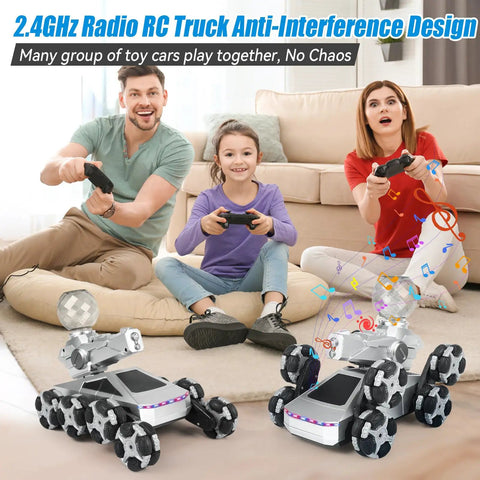 Family playing with All Terrain One Sixteenth Scale Remote Control Car For Kids And Teens Eight Wheel Stunt Monster Truck