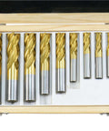 End mill set, tin-coated, 4-flute center-cut, 10 pcs, diameters 3/16–3/4 in, in wooden box