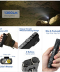 Rechargeable Flashlight With 1300 Lumens, 118 Meter Throw, Six Modes, 3 in 1 White LED UV Blacklight 365nm And Green Light features