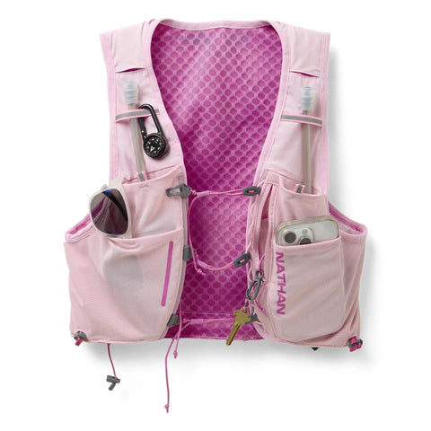 Pinnacle Pro 6L Women's Hydration Vest With Second Skin Fit in Light Pink Fuchsia showing front pockets with accessories