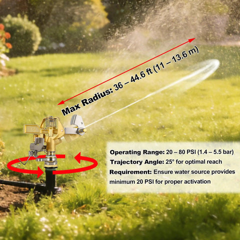 Image of 2-Piece Half-Inch All-Metal Brass Impact Sprinkler Heads With Heavy-Duty Build 360 Degree Adjustable Coverage Long-Range Lawn And Garden Irrigation Sprinkler For Wide-Area Watering in operation with a visible water spray radius and lawn background.