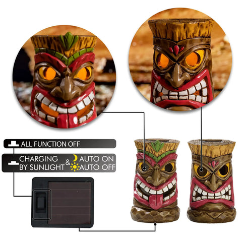 Tiki Head Garden Decor With Solar Outdoor Light Set Of 2 Tropical Hawaiian Resin Yard Sculptures Tiki Torch Statues, colorful faces, solar panel