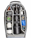Interior view of Streetwalker Rolling Camera Backpack With Dedicated Laptop Pocket And Minimalist Black Exterior, organized for photographers