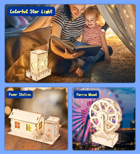 Six In One STEM Kit For Kids Ages Eight To Twelve With 3D Puzzles Building And Engineering Models Wood Arts And Craft Toys For Boys And Girls Hands On Science Activities Totally Kid Friendly Gift Idea featuring colorful star light, power station, and ferris wheel models