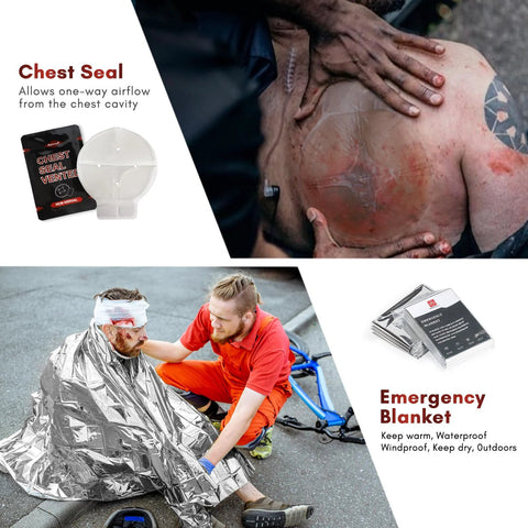 IFAK refill kit, compact trauma set with plastic chest seal and Israeli bandage; 8 pieces including emergency blanket.