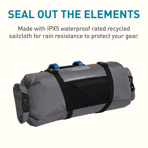 Mule 9 Bikepacking Waterproof Sideload Handlebar Pack with Easy Access Gear Pockets in Wolf Grey, showcasing IPX5 waterproof sailcloth