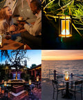 Portable Metal Table Lamp With 4000mAh Rechargeable Battery Cordless Outdoor Light on patio, camping, and coffee table settings.